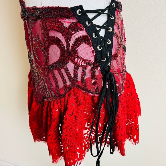 Disco X Lux OOAK Red Wedding Sequin 4 Piece Ruffle Skirt & Arm Warmers Set - Picture 11 of 11